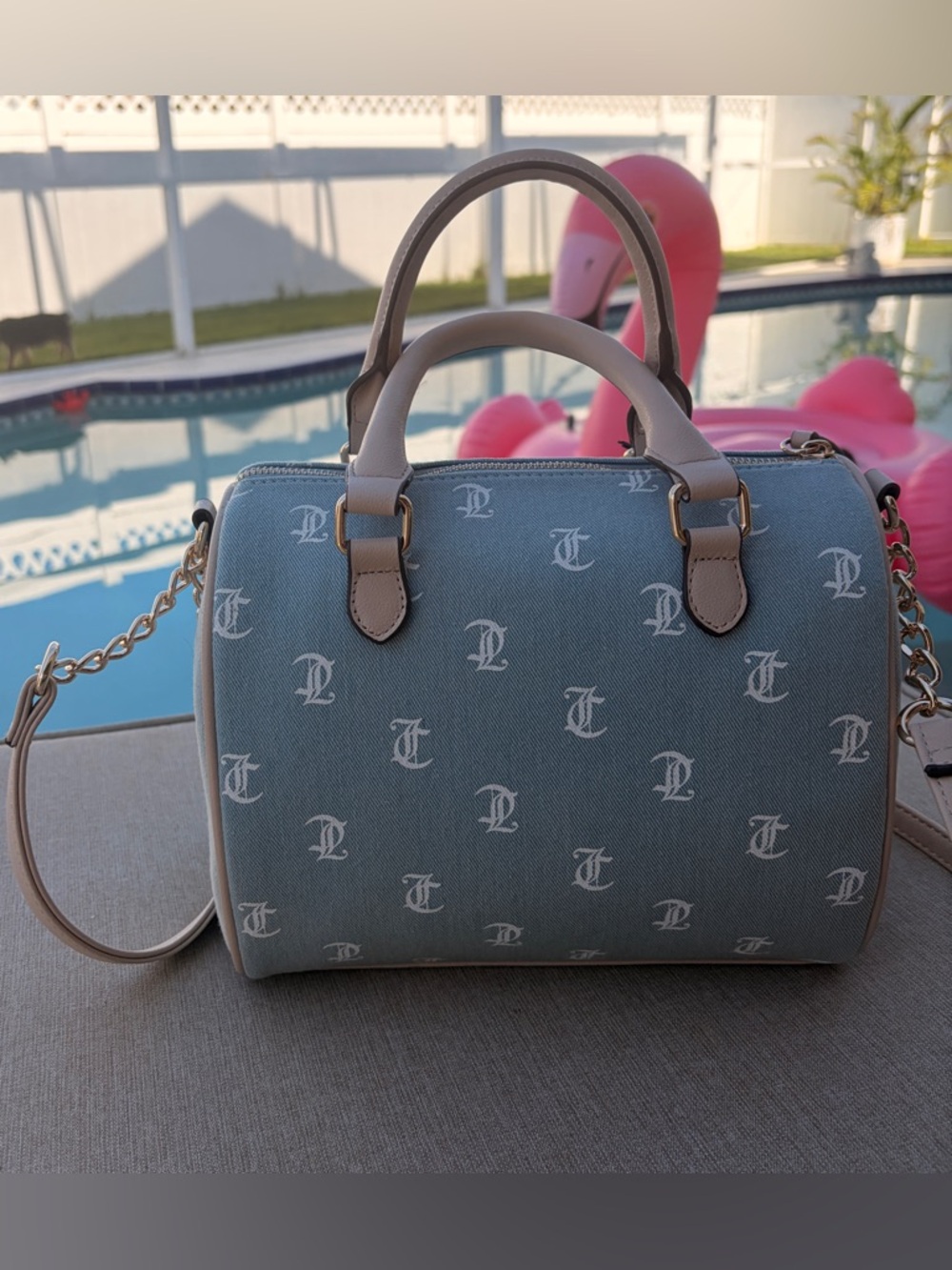 Juicy Couture Denim/ Light Blue Logo Satchel with Strawberry Charm - Picture 7 of 10